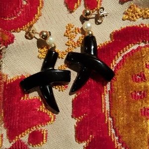 80's Vintage Black Onyx Cross, 14K Gold & Pearl Earrings
